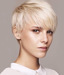 cheap -Short Pixie Cuts Hair Wigs Ombre Platinum Blonde Natural Straight Heat Resistant Synthetic Wigs with Bangs Natural Daily Use Wig