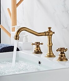 abordables -Grifo de baño de latón, acabado cepillado, cobre antiguo, dos manijas, tres orificios, grifo de lavabo de baño extendido que contiene interruptor de frío y calor.