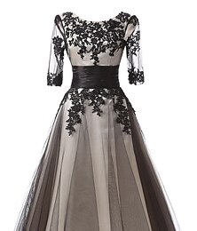 economico -Abito da sera Abito da ballo Elegante Abito Formale Lunghezza caviglia Maniche a metà Collo a gioiello Ospite di matrimonio in pizzo con applicazioni in pizzo Abito da impressionare Abiti