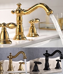 economico -rubinetto miscelatore per lavabo da bagno vintage diffuso, rubinetto girevole a 360 gradi in ottone stile retrò a 3 fori con 2 maniglie montato sul ponte, rubinetto dell'acqua del vaso del lavabo con tubo flessibile caldo e freddo