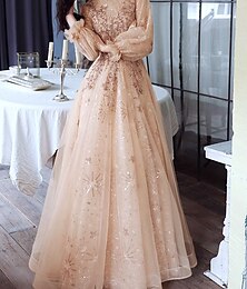 abordables -Robe de soirée élégante en or à coupe trapèze, robe de fiançailles scintillante, col haut, manches longues, longueur au sol, tulle avec paillettes, pour impressionner 2025