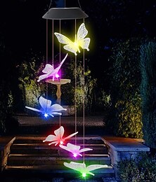 זול -חיצוני עמיד למים led שמש צבעוני פעמון רוח תליון צורת פרפר הוביל אור לילה אור חצר מרפסת גן פנס דקורטיבי