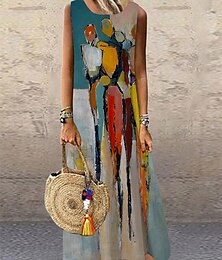 abordables -robe longue Femme Robe casual Sans Manches Printemps Eté - Casual Imprimer Imprime Abstrait Col Ras du Cou 2023 Bleu S M L XL XXL 3XL