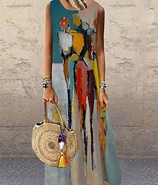 abordables -Robe Maxi pour Femme Robe Décontractée Robe Tunique Robe Décontractée Vacances Fête Décontractée Ajustement Normal Imprimé Abstrait Sans Manches Col Ras du Cou Bleue Été Printemps
