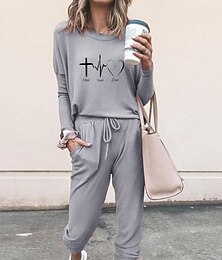 economico -Completi da donna 2 pezzi con felpa streetwear set di pantaloni con t-shirt base a maniche corte collo a giro stampa con cuore e lacci vacanza casual quotidiana nero rosa grigio autunno e inverno