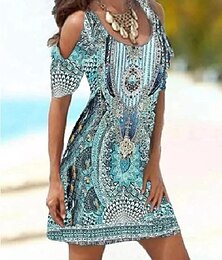 abordables -Mini robe Femme robe ajourée Manche Courte Printemps Eté - Gothique chaud Imprimer Abstrait Col Ras du Cou du quotidien 2023 Bleu Vert Rose rouge S M L XL XXL 3XL