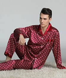 halpa -Miesten Uniasut Pyjama toppi ja housut Silkkipyjama 2 osainen Geometrinen Ylellisyys Koti Sänky Hiekkaranta Polyesteri Mukavuus Pitkähihainen Housut Kesä Kevät Punainen juhlapyjama setti Punainen