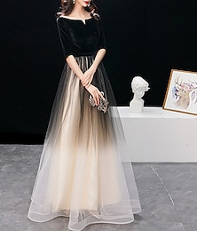 abordables -Robe de soirée A-Line Élégante Robe Invitée de mariage Bal Longueur sol Manches mi-longues Col bijou Tulle avec élégant 2025