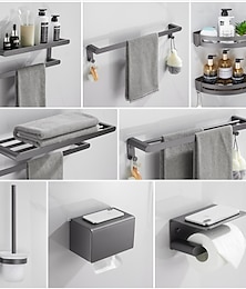preiswerte -Badezimmer-Zubehör-Set, Badezimmer-Hardware-Raum, Aluminium, Wandmontage, Pistolengrau, Handtuchhalter, Eckregal, Kleiderhaken, Toilettenpapierhalter, Handtuchhalter, Toilettenbürstenhalter