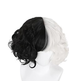 economico -101 Dalmata Parrucche Cosplay di Cruella De Vil Parte Centrale per Donne 12 pollici Fibra Resistenti al Calore Riccia Nera e Bianca Parrucca per Adulti e Teen Anime Parrucche di Halloween