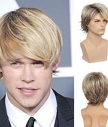 economico -Parrucca da Uomo Bionda Corto a Strati Naturale a Riscaldamento Sintetico Parrucca Cosplay con Cappello Parrucca di Halloween