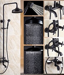 ieftine -Set combinat de robinete cu sistem de duș antic, set de cap de duș cu efect de ploaie de 8 inchi cu duș de mână montat pe perete, alamă cupru negru galvanizat, stil vintage, 2 mânere, baterii de baie cu 3 orificii cu spray-uri pentru corp