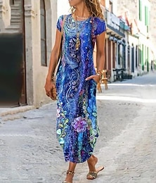 cheap -Women‘s A Line Dress Maxi long Dress Blue Short Sleeve Floral Pocket Print Summer Round Neck Casual 2023 S M L XL XXL 3XL