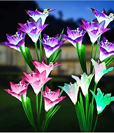 economico -Luci solari a 4 teste a forma di fiore di giglio, luci solari da giardino per esterni a colori RGB, impermeabili, 600 mAh, decorazioni per matrimoni da giardino, cortile, prato, 1/2 pezzi