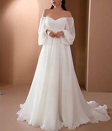 cheap -Beach Vintage Wedding Dresses A-Line Off Shoulder Long Sleeve Court Train Chiffon Bridal Gowns With Pleats Beading 2024