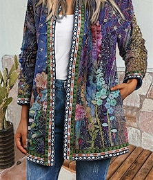 baratos -Jaqueta casual feminina estampa floral outono inverno casaco regular ajuste casual jaqueta barroca manga longa azul férias diárias