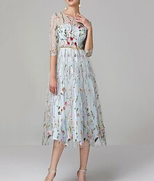 economico -Abito da sposa da spiaggia A-Line abiti da prom abito floreale giorno di San Valentino abito da sposa lunghezza tè maniche metà scollo gioiello pizzo con ricami applicazioni