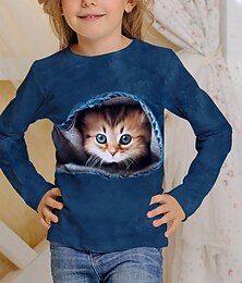cheap -Kids Cat 3D Print T shirt Long Sleeve Blue Royal Blue Animal Print Daily Wear Active Baby / Fall