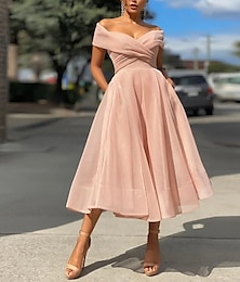 ieftine -rochii de cocktail în formă de a rochie de epocă invitată la nuntă rochie roșie verde lungime ceai fără mâneci cu umăr dezactivat tul cu pliuri 2024