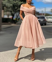 economico -Abiti da Cocktail A-Line da Spiaggia Abito Vintage Ospite di Matrimonio Lunghezza Tè Senza Maniche Spalle Scoperte Tulle con Pieghe Abiti