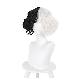 baratos -Perucas Meio Pretas e Brancas Curtas Cacheadas Bob Cabelo Mulheres Meninas Papel Cosplay Festa Perucas Sintéticas Resistentes ao Calor Halloween