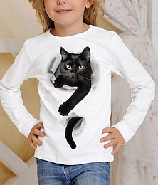 preiswerte -Kinder 3D-Druck Katze T-Shirt T-Shirt Langarm Katze Tierdruck Blau Weiß Rosa Kinder Tops Herbst Lässig Alltag Schule Normale Passform 4-12 Jahre