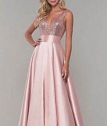 abordables -Robe de bal A-Line Robe scintillante Robe de bal formelle soirée longue sans manches décolleté en V Robe de demoiselle d'honneur satinée avec plis Robe à sequins pour impressionner 2025