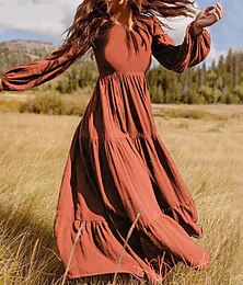 abordables -robe longue Femme Robe Évasée manche longue Automne Printemps Eté - Bohème Casual Ruché Plissé Patchwork Couleur monochrome Manches Bouffantes Col V robe automne Ample Vert foncé Marron Noir M L XL