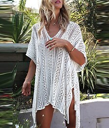 abordables -Robe de plage pour femmes oversized crochet fête vacances décontracté manches courtes couleur bleu lac noir blanc
