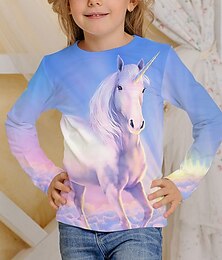 ieftine -copii fete unicorn 3d imprimeu tricou tricou cu mânecă lungă animal print albastru copii topuri toamnă activă școală îmbrăcăminte zilnică potrivire obișnuită 4-12 ani