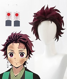baratos -Kimetsu no yaiba tanjiro kamado curto castanho castanho resistente ao calor peruca cosplay um par de brincos perucas de halloween