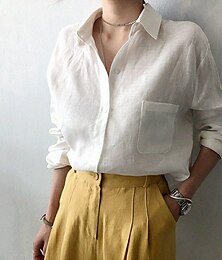 economico -Per donna Camicie di cotone e lino Abbottonare Top Lungo in Cotone Top Bianco in Cotone Semplice Streetwear Casual Manica Lunga Colletto a Camicia Top Regolari Ufficio Lavoro Affari Bottoni Tasca