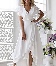 levne -jednoduché svatební šaty áčkového střihu malé bílé šaty elegantní vysoký nízký výstřih do V nadměrná velikost asymetrický šifon krátký rukáv s volánky, dělený přední díl 2024
