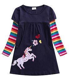 cheap -Kids Girls' Dress Animal Rainbow Unicorn Long Sleeve School Daily Embroidered Sweet 100% Cotton Knee-length Spring Fall 2-8 Years Royal Blue Fuchsia