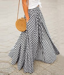 cheap -Women's Swing Plaid Skirt Long Skirt Maxi Skirts Pocket Plaid Tartan Plaid Checkered Street Vacation Summer Cotton Spandex Fashion coastal grandma style Basic Summer Black Blue