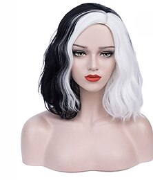 economico -Parrucca di Cruella Deville parrucca nera e bianca per donne parrucca corta riccia e ondulata bob parrucche sintetiche carine per feste e Halloween