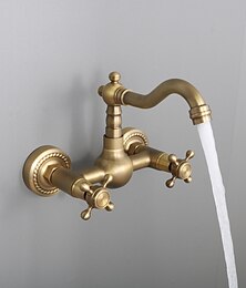 abordables -Robinet de lavabo de salle de bain, montage mural doré à mélangeurs, robinet de lavabo de salle de bain à bec standard de style rétro avec interrupteur froid et chaud