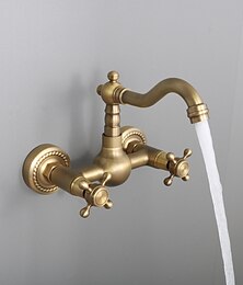 abordables -Grifo de lavandería para fregadero de estilo retro, montaje en pared, caño largo, dos manijas, dos orificios, grifo para lavabo con mangueras de agua fría y caliente, grifo comercial para llenado de