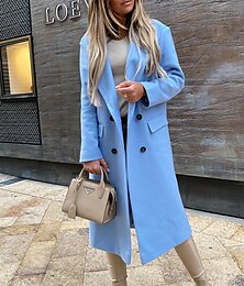 cheap -Women's Winter Coat Belted Overcoat Double Breasted Lapel Pea Coat Long Coat Thermal Warm Windproof Trench Coat with Pockets Lady Jacket Fall Outerwear Black Blue