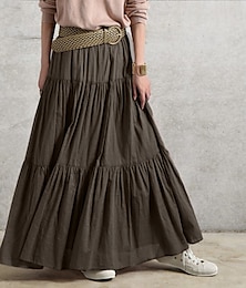 economico -Per donna Altalena a dondolo Gonne da lavoro Gonna lunga Vintage Estate Maxi Gonne Tinta unita A pieghe Con balze Da mare Casual Nero Vino Viola Marrone Autunno Cotone Cotone e lino