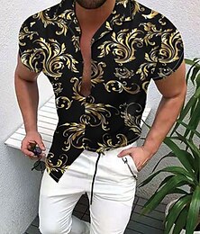 preiswerte -Herren Hemd Knopfhemd Kurzarm Designer Strand Design Casual Ausgehen Frühling Sommer Schulterfrei 3D Bedruckt Rote Blau Gold