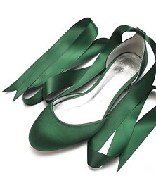 abordables -Bailarinas de mujer de satén verde con lazos largos, zapatos elegantes y cómodos para bodas y ocasiones especiales