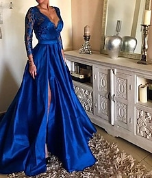 cheap -A-Line Evening Gown Elegant Dress Party Wear Formal Evening Floor Length Long Sleeve V Neck Tulle with Pleats Appliques 2024
