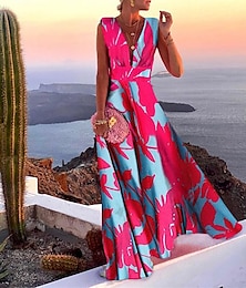 billiga -kvinnors fritidsklänning svängklänning blommig klänning lång klänning maxiklänning grön blå rosa ärmlöst blommönster vår sommar djup v varm dagligen 2023 s m l xl xxl