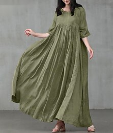 Χαμηλού Κόστους -Γυναικεία Καθημερινό φόρεμα Φόρεμα από βαμβακερό λινό Φόρεμα ριχτό από τη μέση και κάτω Μακρύ Φόρεμα Μάξι Φόρεμα Μαύρο Ανθισμένο Ροζ Πράσινο του τριφυλλιού Κοντομάνικο Μονόχρωμες Σουρωτά