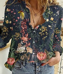 cheap -Women's Shirt Blouse Black Pink Army Green Graphic Floral Button Print Long Sleeve Daily Weekend Tropical Vintage Shirt Collar Regular Floral S
