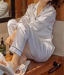 billige -kvinners gave pyjamassett hjemmefest daglig basis ren farge sateng enkel tilfeldig myk skjorte bukse høst vår sommer skjorte krage langermet lang bukse spenne lomme hjemmeantrekk