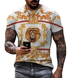 cheap -Lion Greek Key Mens 3D Shirt Casual | Green Summer Cotton | Men'S Tee Funny Shirts Graphic Crew Neck 3D Print Plus Size Daily Short Sleeve Clothing Apparel Vintage