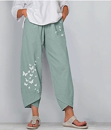 cheap -Women's Linen Pants Pants Trousers Capri shorts Linen Cotton Blend Butterfly Baggy Print Ankle-Length High Waist Chino Casual Going out Black / Red Light Green S M Spring &  Fall