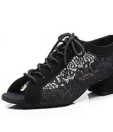 cheap -Women's Latin Shoes Practice Trainning Dance Shoes Line Dance Performance Training Practice Embroidery Heel Lace Tulle Solid Color Thick Heel Peep Toe Lace-up Adults' Dark-Gray Black